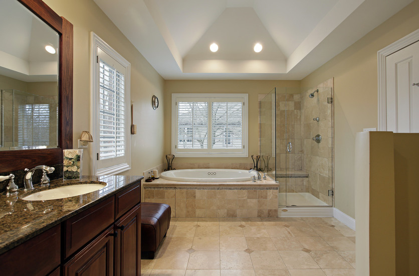 Master bath with glass shower granite counter Bathroom Remodel Chagrin Falls Ohio